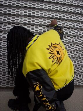 Bold Yellow Sun Embroidered Varsity Jacket